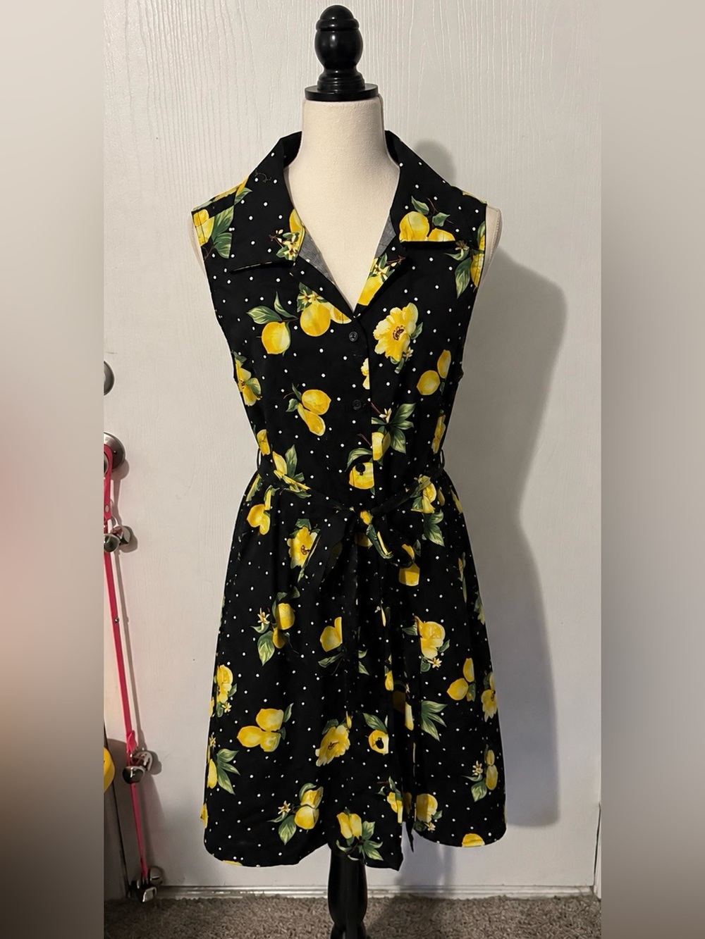 Chloe + Rene Women’s Lemon Print Shirt Dress Black 100% Cotton with Front Tie